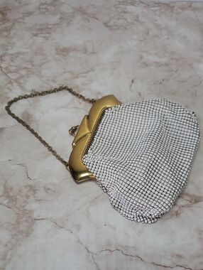 Whiting & Davis Co. Gold Frame Small White Beaded Chain-Handle Evening Bag